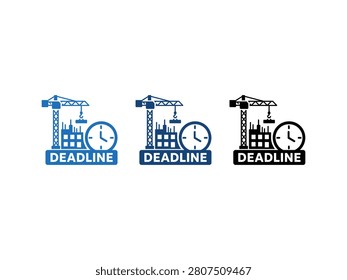 Three stylized icons show a construction crane building a structure with a clock and the word deadline.