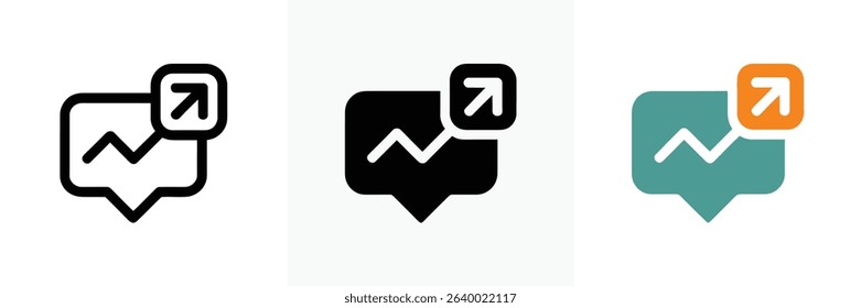 Three stylized icons show a message bubble containing a zig-zag upward trend line, plus a small, rounded square with an arrow pointing up and to the right.