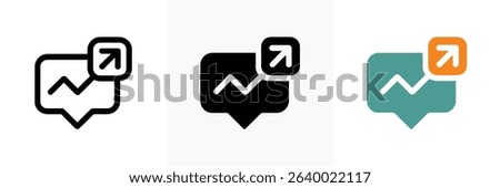 Three stylized icons show a message bubble containing a zig-zag upward trend line, plus a small, rounded square with an arrow pointing up and to the right.