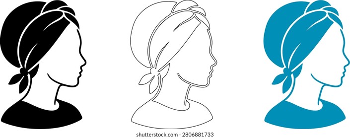 Three stylized illustrations of a woman's head and shoulders, each wearing a headscarf in black, line art, and blue.