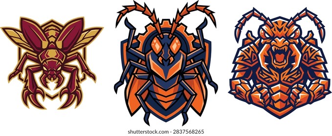 Three stylized insect logos featuring a bee hornet and ant in bold colors and sharp designs