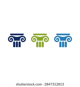Three stylized Ionic columns in blue and green hues symbolize strength, stability, and architectural heritage.