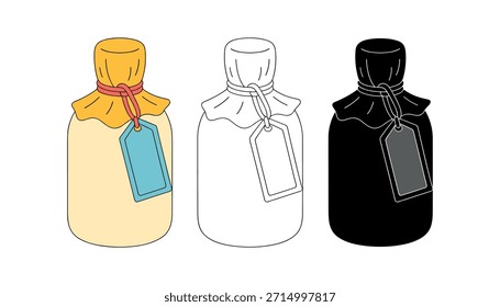 Tres tarros estilizados con tapas y etiquetas de tela, un contorno azul amarillo y un contenedor de botella negro