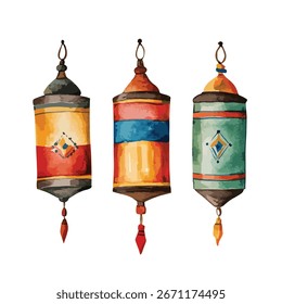 Three stylized lanterns, painted in watercolor, hang from above. Each lantern features a unique color scheme and decorative patterns. The focus is on the detailed designs and vibrant colors.