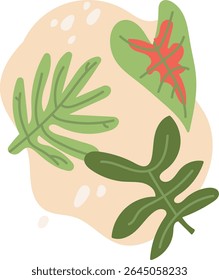 Three stylized leaves with organic shapes on a beige background. The leaves have unique forms and patterns, creating a harmonious botanical theme. Cartoon vector illustration.