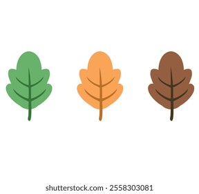 Three stylized leaves in a row, transitioning from green to orange to brown, symbolizing seasonal changes