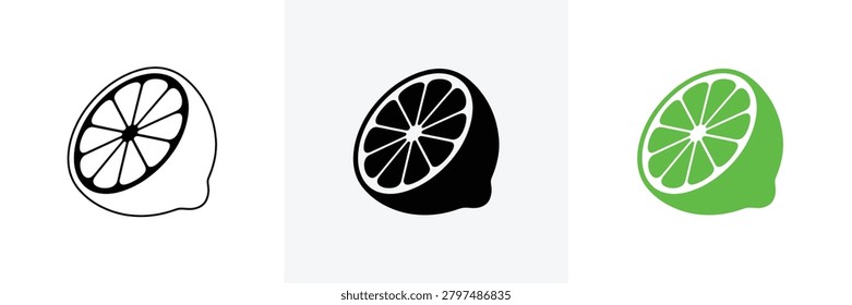 Three stylized lemon slice icons in black outline white fill and green color for food branding or app design projects