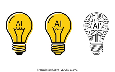 Drei stilisierte Glühbirnen-Icons mit dem Text AI. Zwei sind gelb mit schwarzen Umrissen und Filamenten, einer ist ein schwarzer Umriss mit einem Leiterplattenmuster im Inneren.