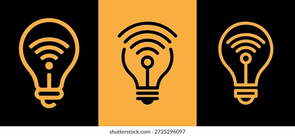 Três ícones estilizados de lâmpadas elétricas com sinais Wi-Fi, representando conceitos de tecnologia inteligente.