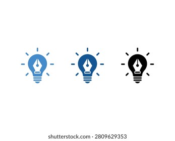 Three stylized light bulb icons with pen nibs inside symbolizing creative ideas and inspiration.