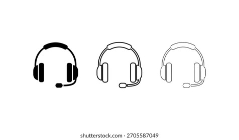 Tres ilustraciones estilizadas del arte de la línea de los auriculares con los micrófonos, presentados en blanco y negro en un fondo blanco.