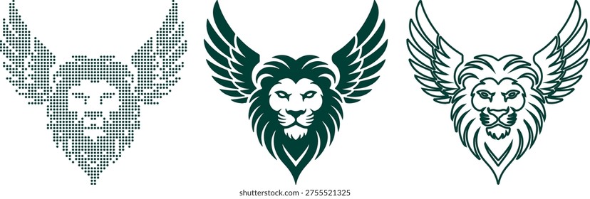 Three stylized lion head emblems with wings in dark teal and dotted patterns logo symbol