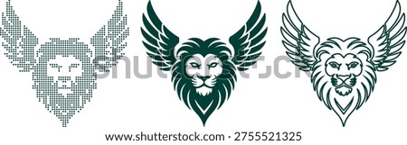Three stylized lion head emblems with wings in dark teal and dotted patterns logo symbol