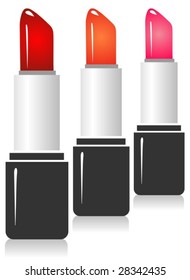 Three stylized lipsticks isolated in a white background.
