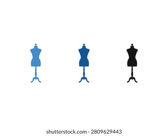 Three stylized mannequin icons in blue and black colors on a white background representing fashion design options