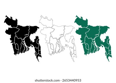 Three stylized maps of Bangladesh Showing its distinctive shape and internal divisions