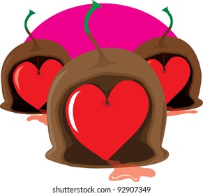 Three stylized maraschino cherry chocolates with stems, have been cut open to reveal Valentine, heart shaped, cherry centers.