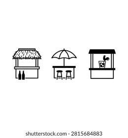 Three stylized market stalls shown in black and white with a thatched roof, umbrella, and bottles.