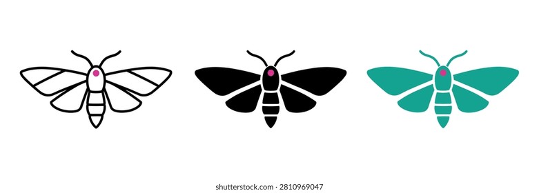Three stylized moth icons presented side-by-side, showcasing variations in design and color for versatile graphic use