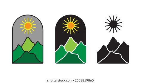 Three stylized mountain and sun illustrations in different color palettes