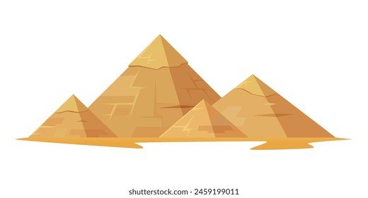 Three stylized mountains depicted in a minimalist vector illustration with a warm color palette, set on a plain background, symbolizing adventure and nature. Vector illustration
