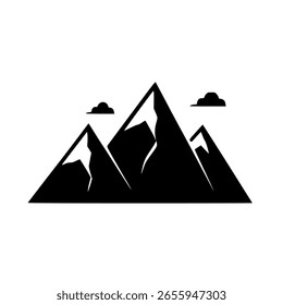 Three stylized mountains with snow caps are depicted in black against a white background, with two small clouds above.