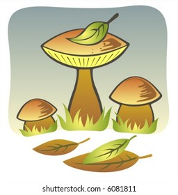 Three stylized mushrooms and fallen down leaves on a grey background.