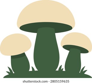Three stylized mushrooms growing on a grassy patch, showcasing nature's beauty in a minimalist design