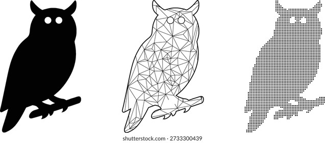 Tres ilustraciones estilizadas del búho con diseños geométricos y del arte del pixel