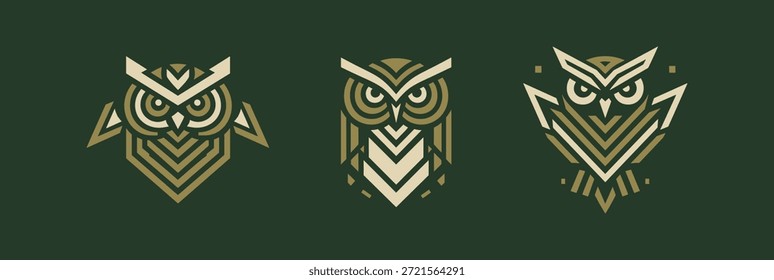 Drei stilisierte Eule Logos mit geometrischen Mustern in Gold