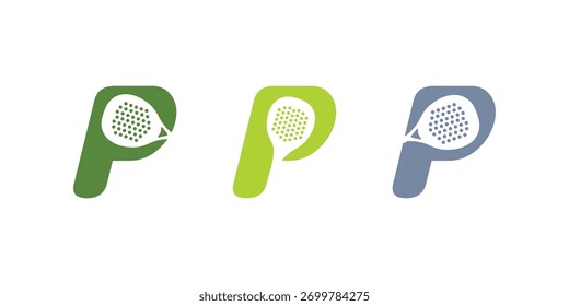 Três logotipos P estilizados em variações de verde, cal e cinza com ícone de pá na área de espaço para o conceito de design de identidade da marca
