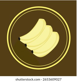 Três bananas estilizadas amarelas pálidas são artisticamente dispostas dentro de um quadro circular duplo contra um fundo marrom escuro.