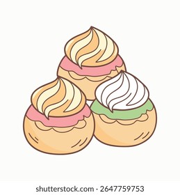Três bolos estilizados com glacê de creme retorcido em amarelo, laranja e branco, sentados em camadas de glacê rosa e verde.