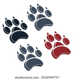 Three stylized paw prints in different colors on a white background.