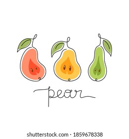 Three stylized pears, freehand lettering. Horizontal print, poster, stamp, label. Drawing with black one continuous line. Hand drawn vector illustration of summer fruit. Red, yellow, green colors