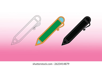 Three stylized pen icons representing creativity and design. Features outline, colorful, and solid styles against a gradient background ideal for educational, artistic, and office-related themes in vi
