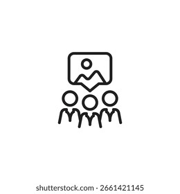 Three stylized people icons below a speech bubble containing a landscape image. Suggests a group viewing or discussing a scenic image, shared visual experience.