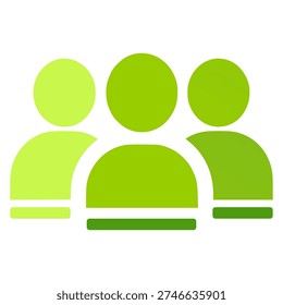 Three stylized people icons grouped closely together (two figures slightly behind and one in front or center), all in gradient shades of green, with horizontal base lines suggesting they are standing on the same level, symbolizing team, group of people, community, users or members, collaboration, people or  audience, teamwork, social group, crowd or collective, or user group.
