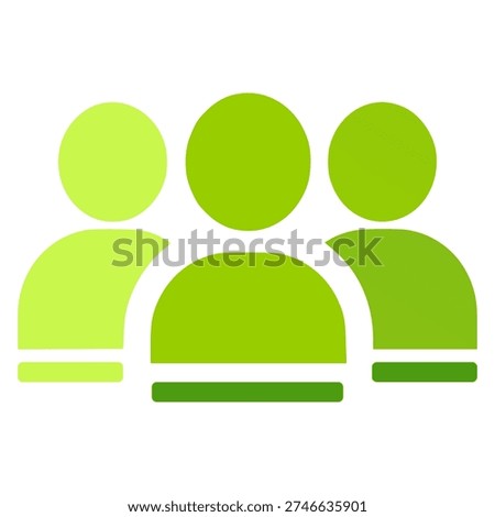 Three stylized people icons grouped closely together (two figures slightly behind and one in front or center), all in gradient shades of green, with horizontal base lines suggesting they are standing on the same level, symbolizing team, group of people, community, users or members, collaboration, people or  audience, teamwork, social group, crowd or collective, or user group.