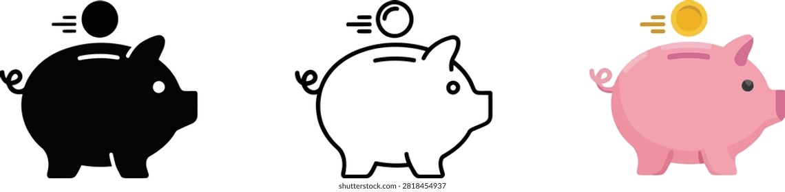 Three stylized piggy bank illustrations showing different coin types being saved