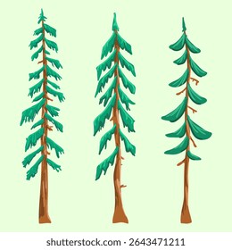 Three stylized pine trees in cartoon vector style, suitable for forest scenes, nature landscapes, outdoor themes, and winter designs.