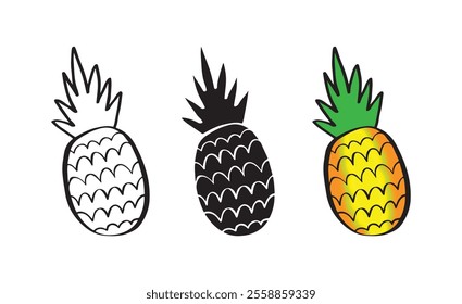 Three stylized pineapple illustrations in black and white and color