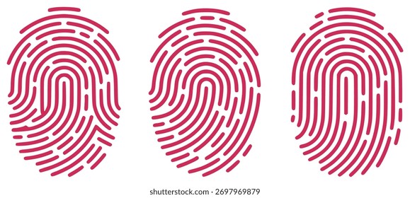 Tres estilizadas huellas dactilares rosas se muestran una al lado de la otra sobre un fondo blanco limpio, mostrando sus patrones únicos de crestas.
