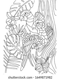 Three stylized pink parrots peeking out of a hollow coloring page