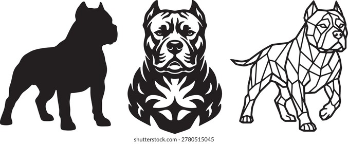 Three stylized pitbull illustrations including a silhouette, detailed portrait, and geometric line art walking dog, perfect for design projects.