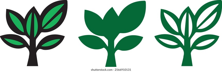 Three stylized plant illustrations in varying levels of detail. perfect for eco-friendly designs, logos, or branding.