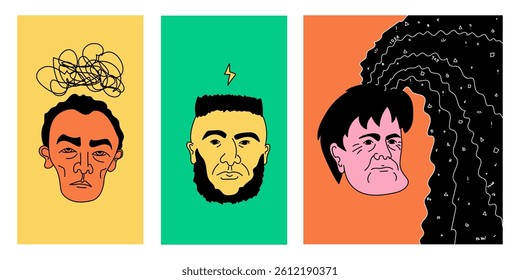 Three stylized portraits illustrating various states of mind, showcasing confusion, sparking an idea, and expressing stress. Capturing the complexity of thought and emotion