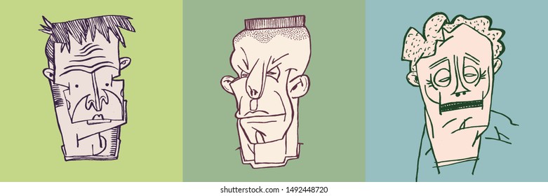 Three stylized portraits of people. Color illustration, may be useful for packaging design, branded products, poster, print on a t-shirt.