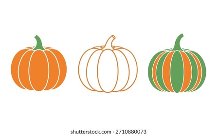 Tres calabazas estilizadas en verde naranja y contorno sobre un fondo blanco para temas de otoño.