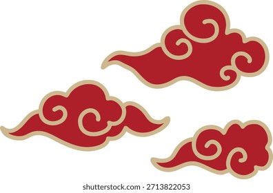 Three stylized red clouds with gold outlines are arranged on a white background.
